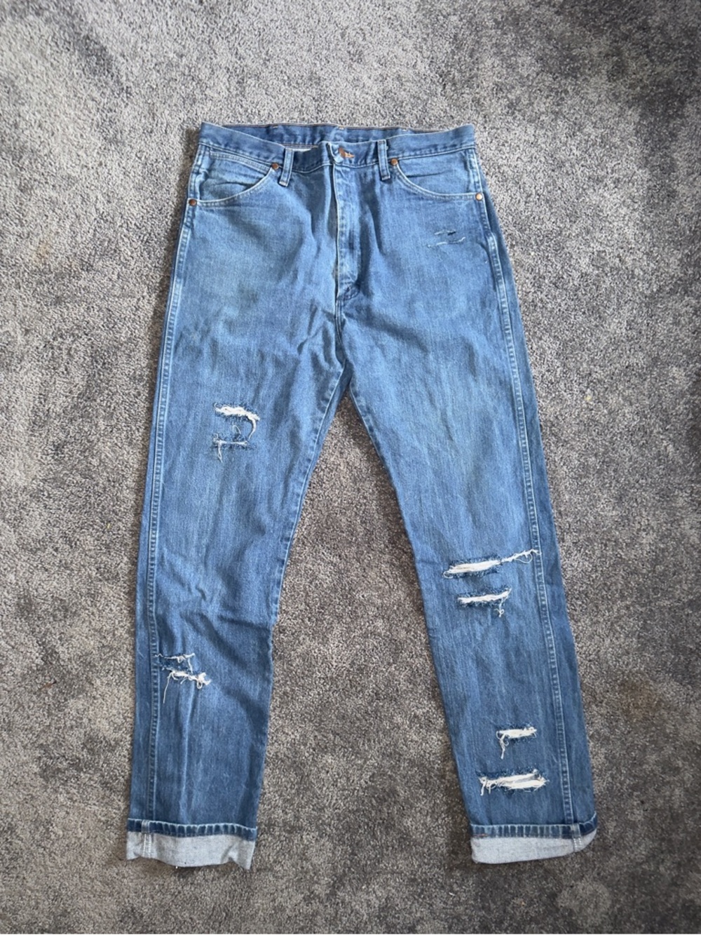 Wrangler Straight Leg Distressed Blue Jeans